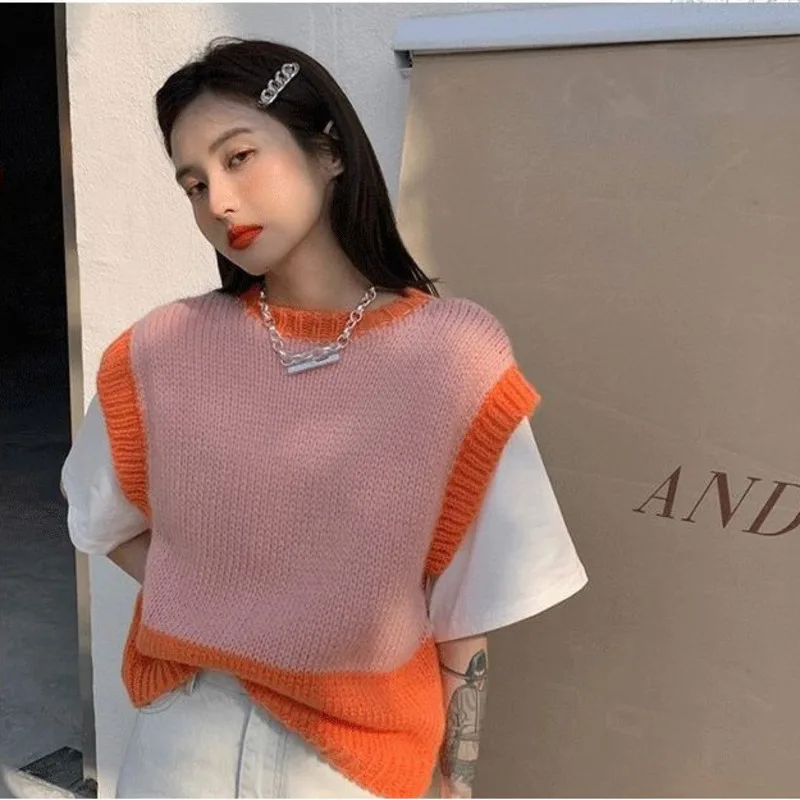 

Panelled Sweater Vest Women Autumn Loose Sleeveless Knitted Jumpers Teen Girls Chic Vintage Sweet Daily High Street Tops Clothes