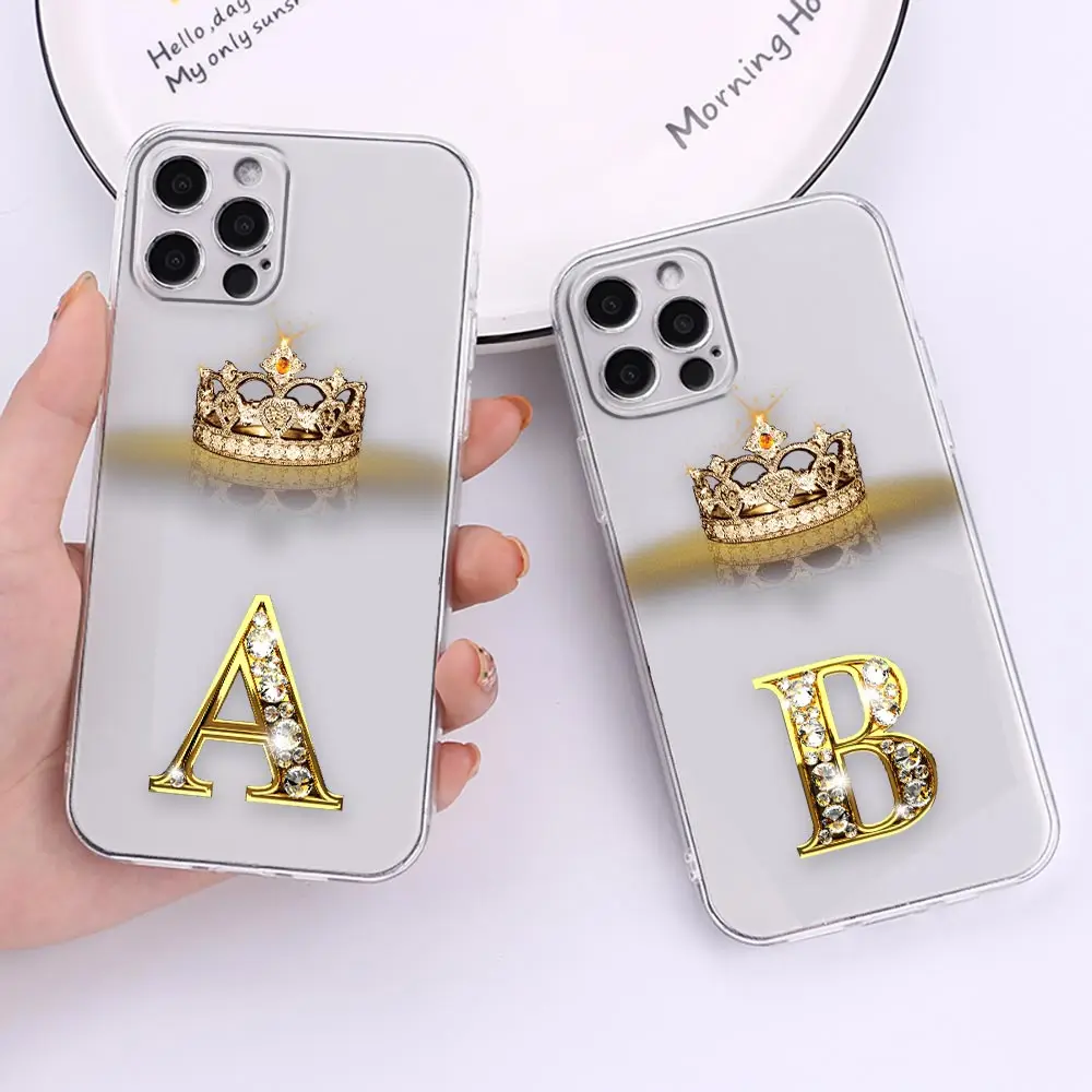 

Fashion Crown Golden Diamond Initial Letter A L M P R Clear Case For Apple iPhone 14 13 12 11 Pro Max 7 8 X XS XR SE Plus Cover