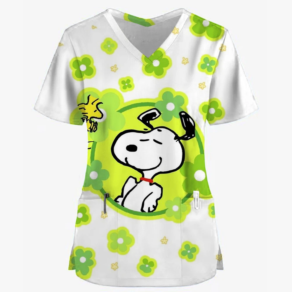 Женская Рабочая Униформа с принтом Снупи топы коротким рукавом и V-образным