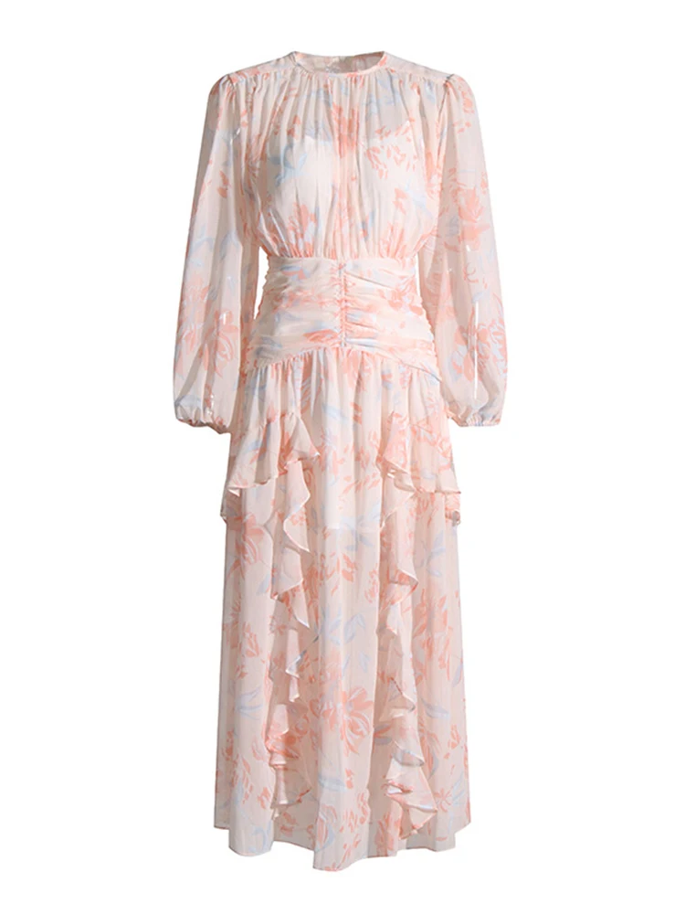 

Fresh Sweet Wind 2023 Fall New Round Neck Long Sleeve Mid-Waist Pleated Design Long Printed Dress