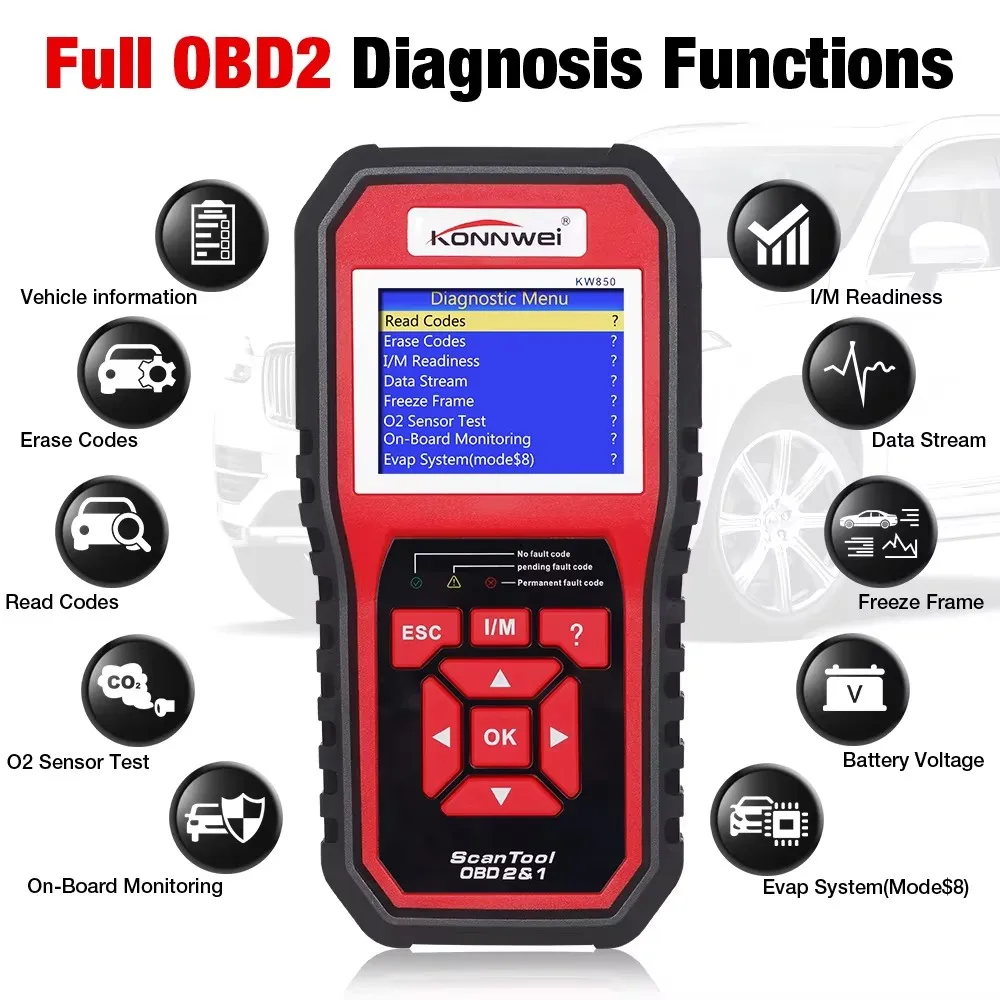 Professional Car OBD2 Scanner Auto Diagnostic Tools KONNWEI KW850 OBD 2 Engine System Check Code Reader DTC Lookup pk ELM327