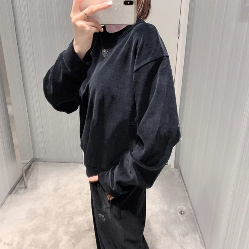 

Neck 2023 Winter Round Pullover Corduroy Suede Diamonds Casual Top Autumn 2023 Sweatshirt Women Wang New Fashion