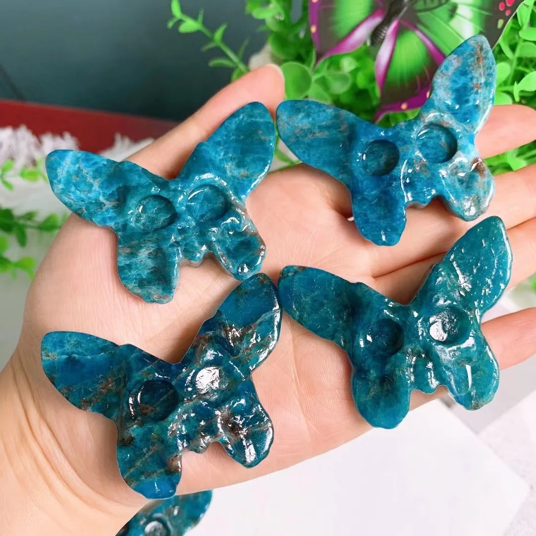 

6CM Natural Apatite Crystal Handmade Carved Butterfly Skull Polished Animal Statue For Home Decoration Gift 1pcs