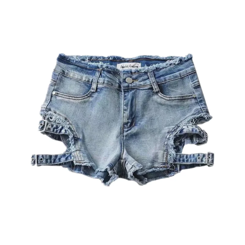 Spring and New American Sexy Pure Lust Style Spicy Girl Elastic Tight Hollow out Tassel Design Sense Denim Shorts Women's Trend