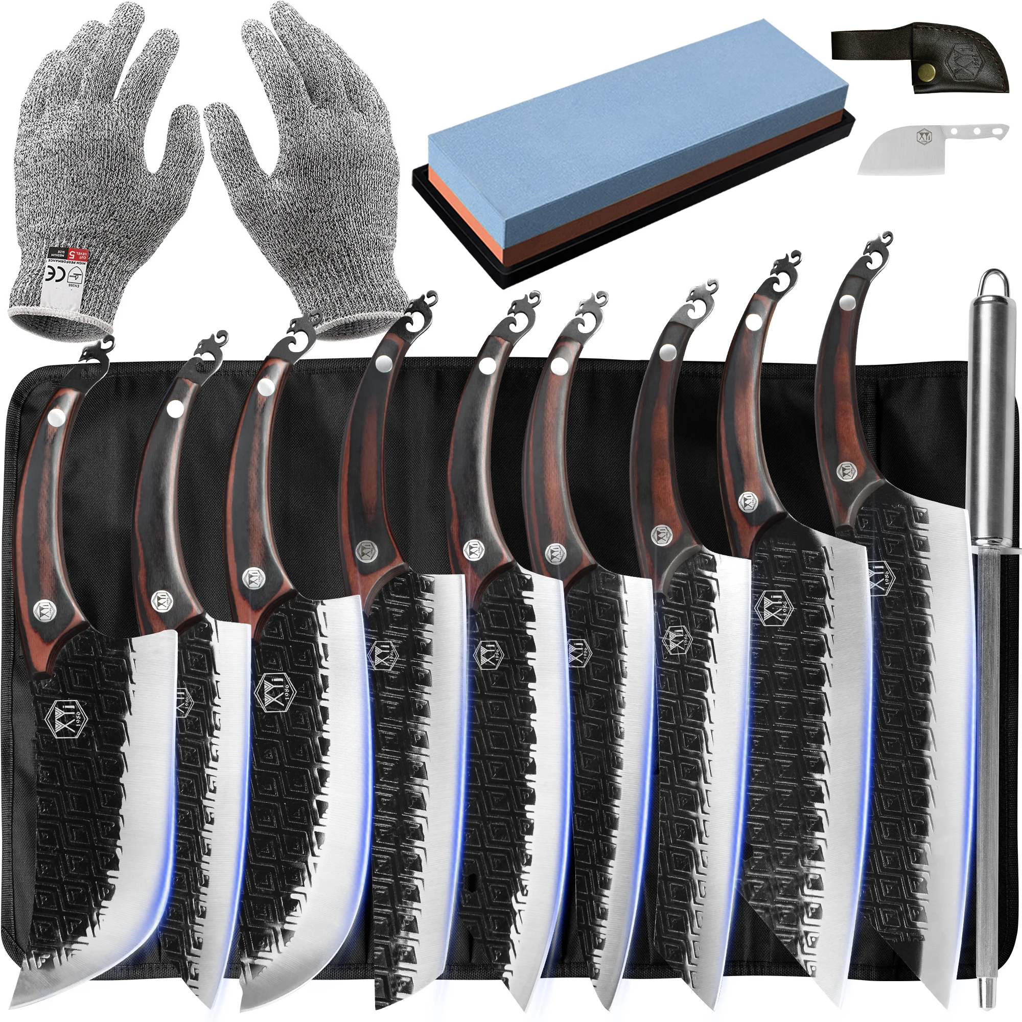 

XYJ 9pcs Creative Knife Set Self Design Pattern Blade Non-stick Full Tang 7-10 Inch Long Chef Kitchen Knives With Roll Bag