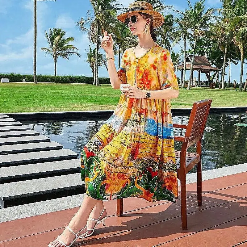 Women's Summer 2023 Midi Calf A Line Casual Dress Floral Print  Loose Pullover Short Sleeves Pleated Female Vestidos M522