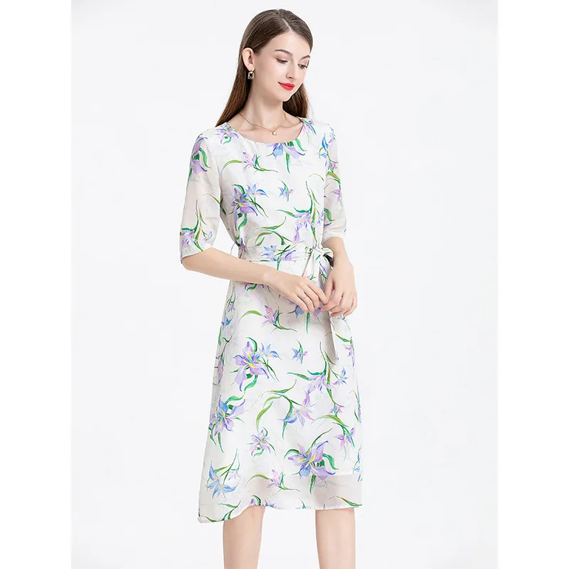 Elegant Silk Dress for Women O-Neck Half Sleeve Waist Lace-up  Bodycon Dress A-line Printing Mulberry Silk Dresses
