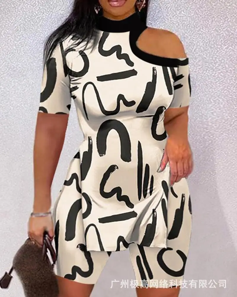 

Abstract Print Split Hem Cold Shoulder Top & Shorts Set Hollow Out Sexy Women 2023 New Spring Summer Short Sleeve T Shirt