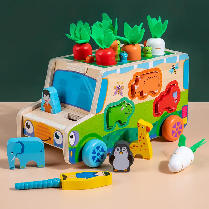 

Multifunctional Farm Tractor Animal Pulling Radish Cart Toy Children's Color Cognition Matching Trailer Wooden Toy