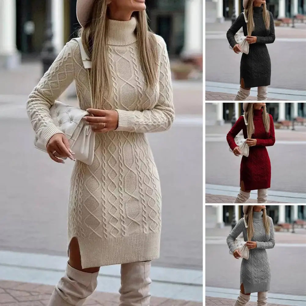 

Winter Dress Turtleneck Side Split Hem Bodycon Dress Autumn Winter Twist Knitted Sweater Dress Long Sleeve Hip Wrap Mini Dress