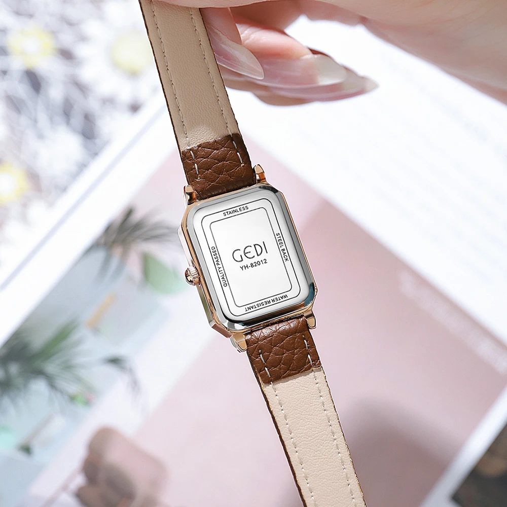 GEDI Retro Rectangle Women Watches Leather Strap Ultra-thin Waterproof Ladies Quartz Wrist Watch Casual Vintage Female Clock New