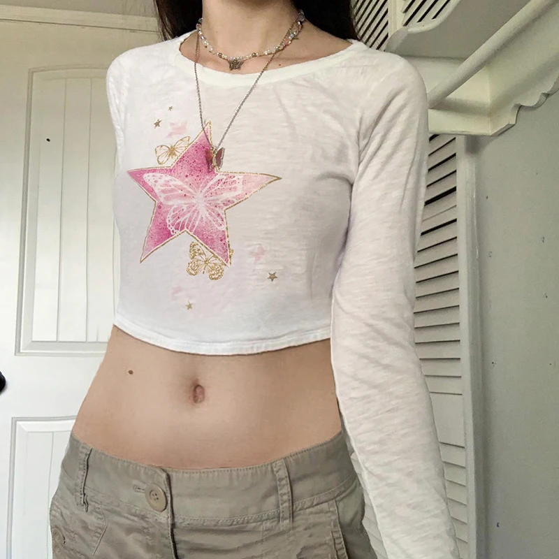 

Кроп-топы с принтом бабочки и звезд, облегающие белые футболки с длинным рукавом в ретро-стиле, винтажная эстетичная футболка 90-х годов, Y2K, женская одежда
