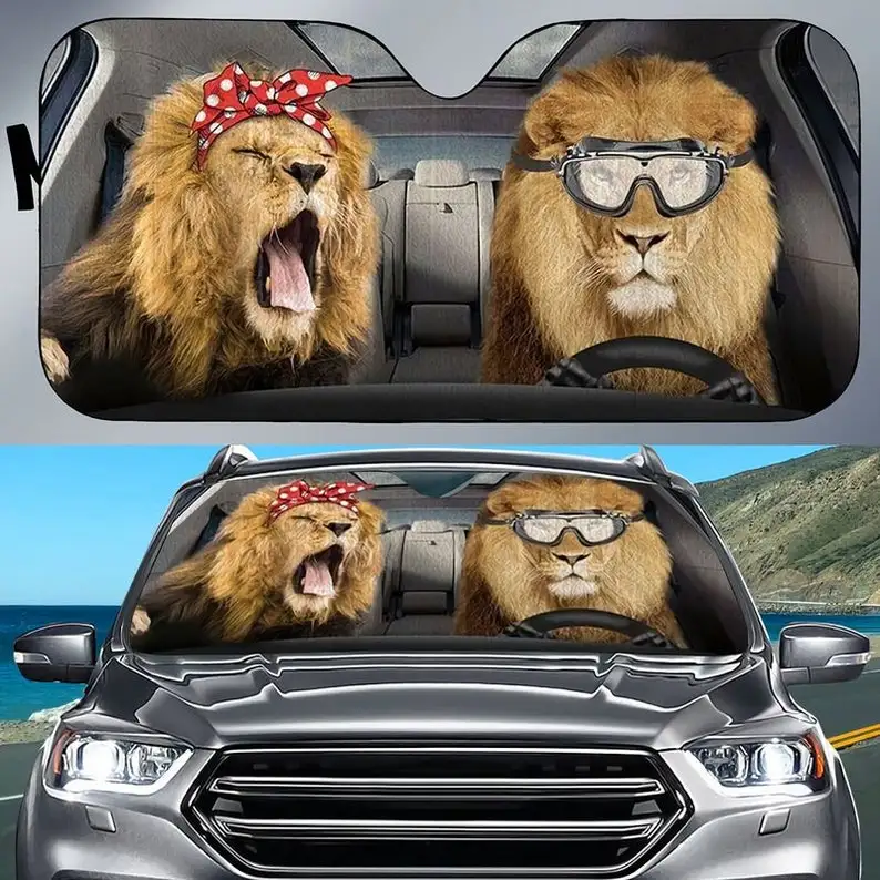 

Cute Lion Couple Car Sunshade Lion Pretty Lion Driving Car Lion Lover Couple Gift Windshield Sunshade Oxford Cloth Windshield Ca
