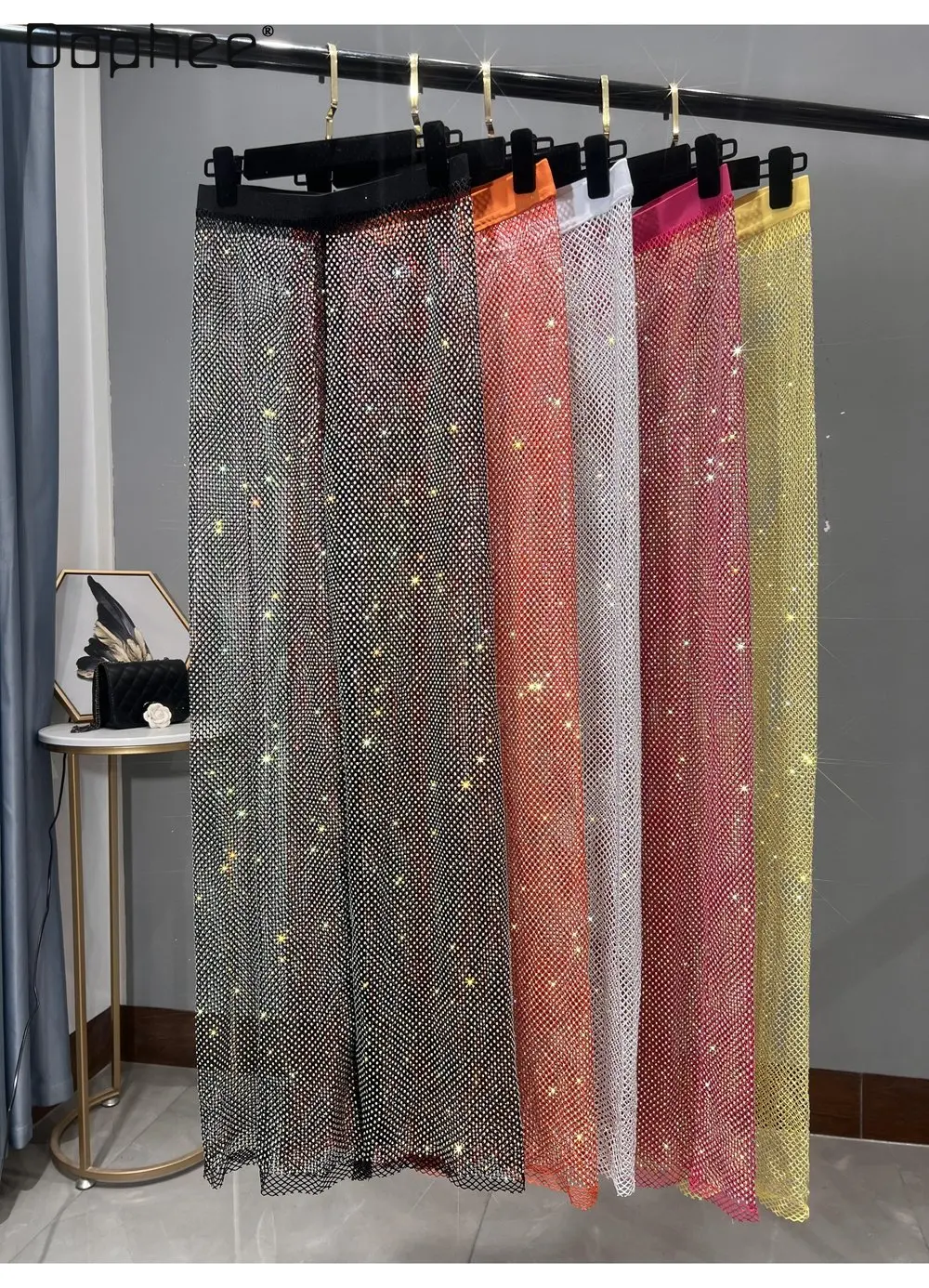 Sexy Cutout AB Colorful Crystals Shiny Mesh Wide-Leg Pants Loose Figure Flattering Mopping Rhinestone Straight Pants Trousers