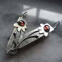 fonect ethnic leaf flower hook earrings vintage metal silver botanical floral inlaid red stone pendant earrings womens jewelry