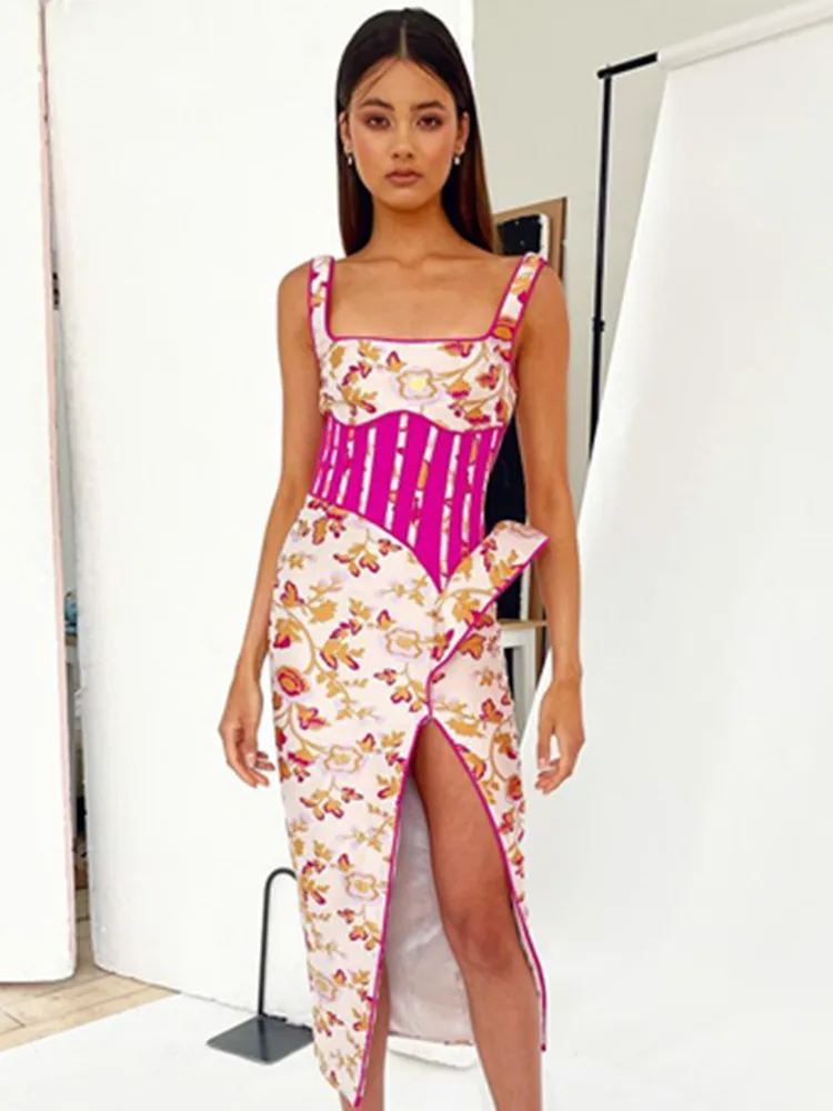 

New Women Sexy Floral Summer Dress 2022 High Street Designer Split Midi Bodycon Evening Party Dress Vestido