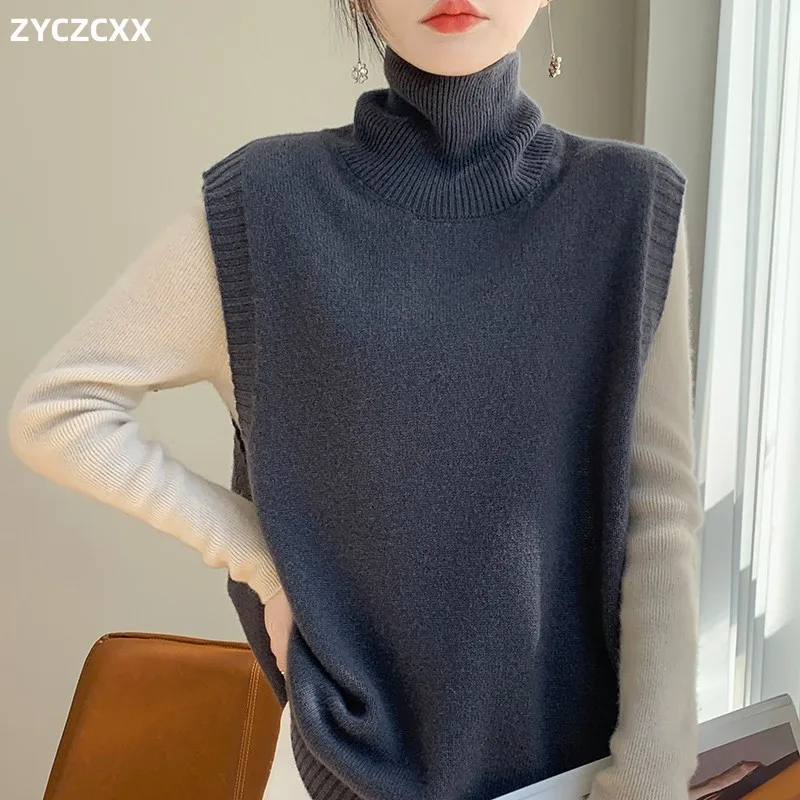 

Женский утепленный свитер-жилет из 100% мериносовой шерсти, осенне-зимний модный однотонный жилет с высоким воротником в Корейском стиле для женщин