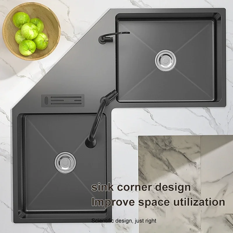 Черная L-образная раковина для мытья рук