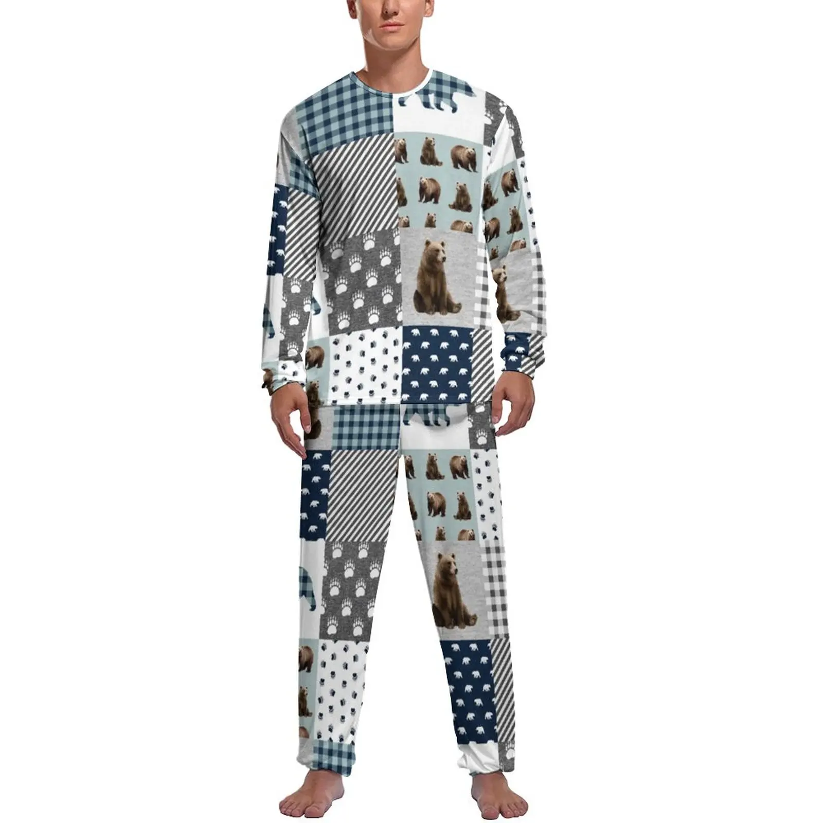 

Пижама в стиле пэчворк с милым медведем, мужской теплый домашний костюм в клетку с изображением леса и животного, повседневный пижамный комплект из двух предметов с длинными рукавами для комнаты