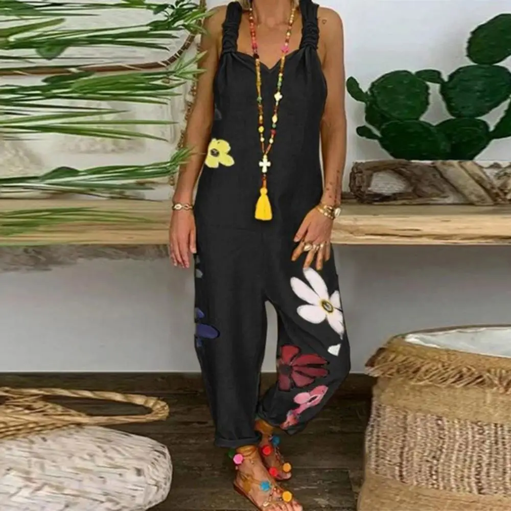 

Комбинезон женский с открытой спиной, модный свободный Ромпер без рукавов, повседневная одежда с цветочным принтом, на лето