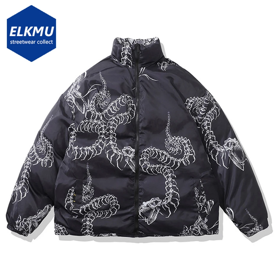 Men Reversible Jacket Parka Streetwear Winter Hip Hop Snake Print Punk Gothic Thick Warm Puffer Coats Harajuku Oversized Outdoor