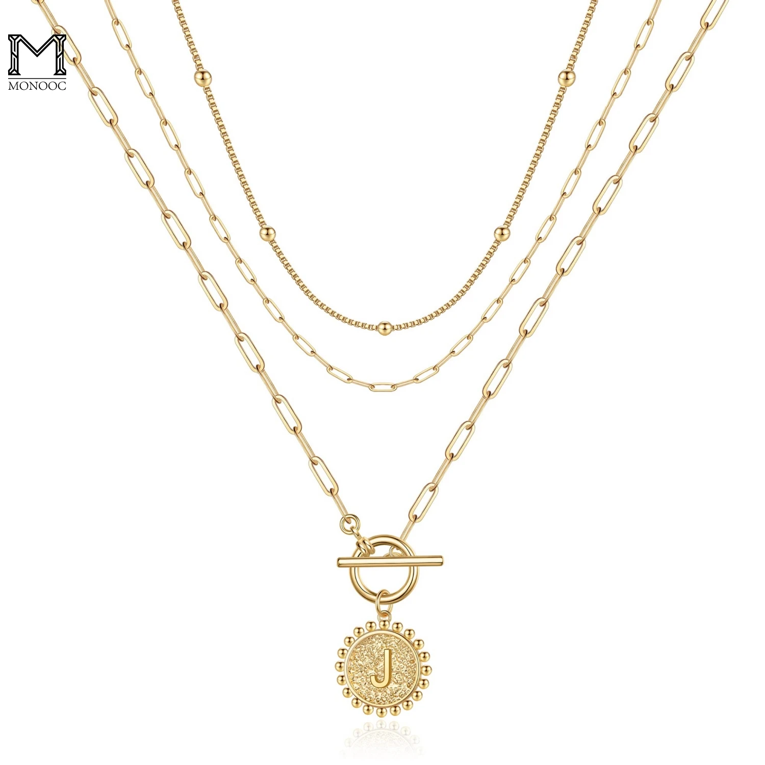 

MONOOC Layered Gold Initial Necklaces for Women 14K Gold Plated Paperclip Link Necklace Toggle Clasp Layering Choker Necklaces