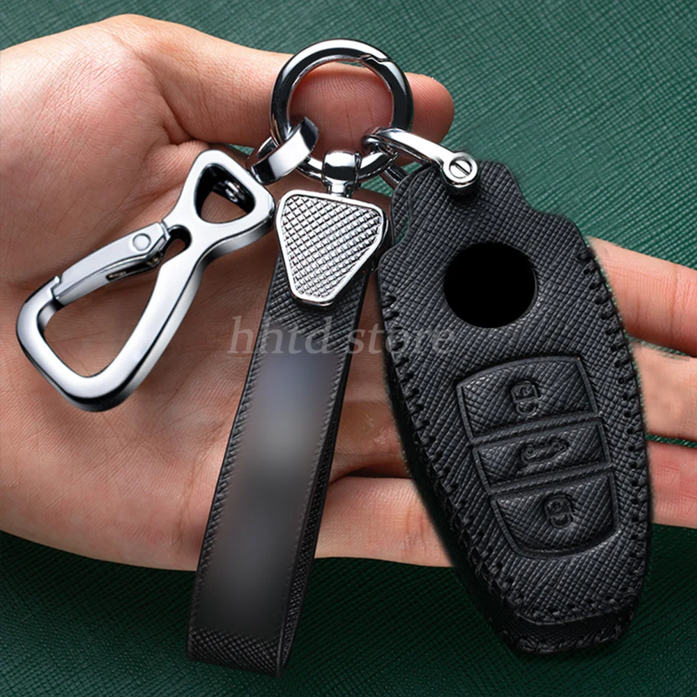 

Cowhide Leather Car Remote Start Key Cover Case Fob Shell Protector Holder Accessories Keychain For Volkswagen Touareg 11-14