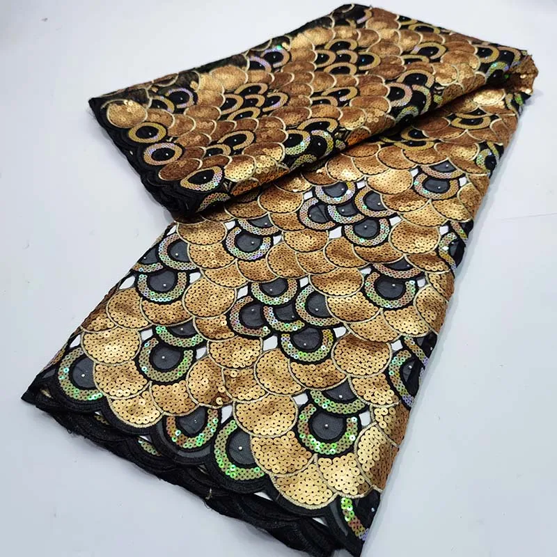 

5 ярдов, Золотая африканская ткань, кружево из органзы с блестками, высокое качество, французское Тюлевое кружево, Нигерия, гипюр, материал д...