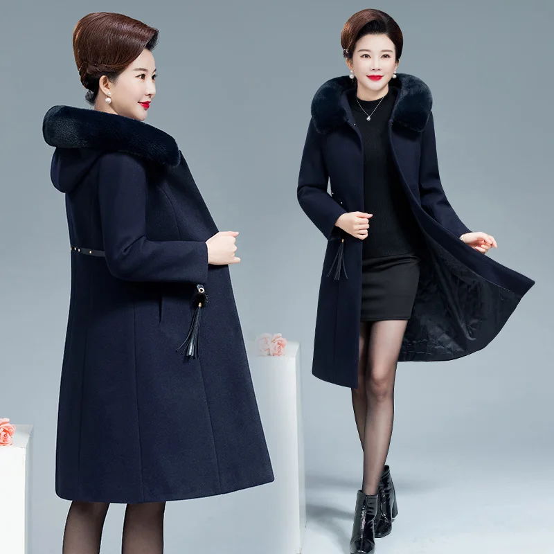 

Зимняя женская куртка с капюшоном, плотное пальто с меховым воротником, шерстяное пальто, повседневное женское пальто средней длины, винтажное Женское пальто