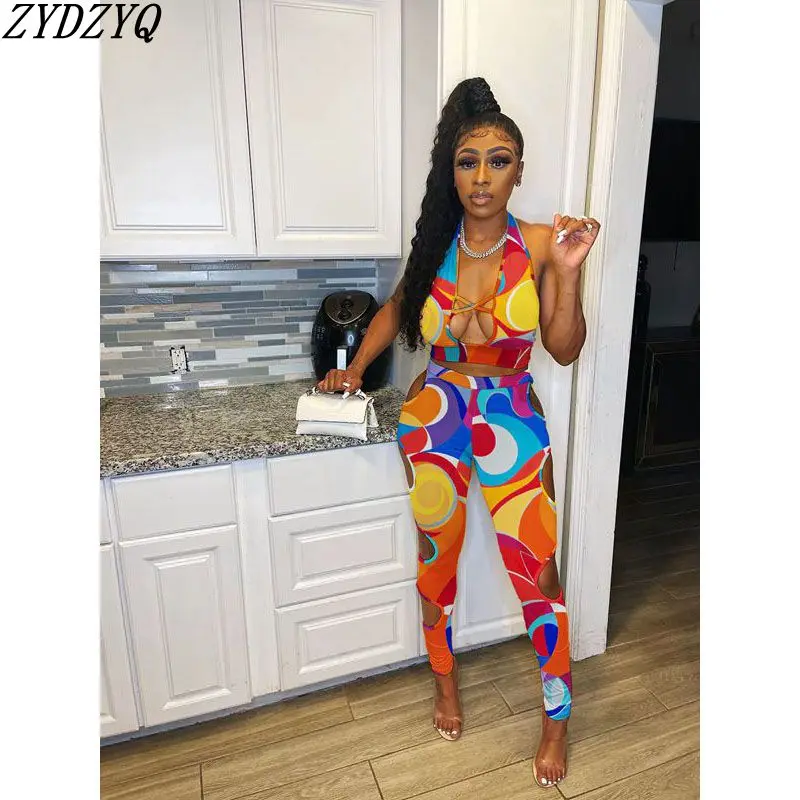 

Spring Summer Women Clothing 2 Pieces Set Print Hollow Sexy Crop Top+Pants Sets Vacation Outfits Lounge Streetwear Wholesale