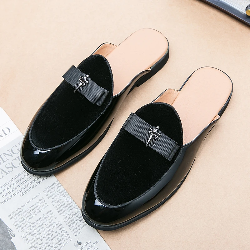 

Summer Man Half Slippers Plus Size 46 47 Adult Casual Shoes Patent Leather Men Loafers Flats Shoes Fashion Half Drag Man Shoe