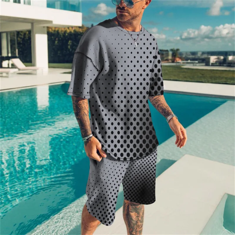 Harajuku Summer Men's T-shirt Suit Gradient Pattern Printed 3D Printing Fashion Streetwear Casual Oversized Sportswear