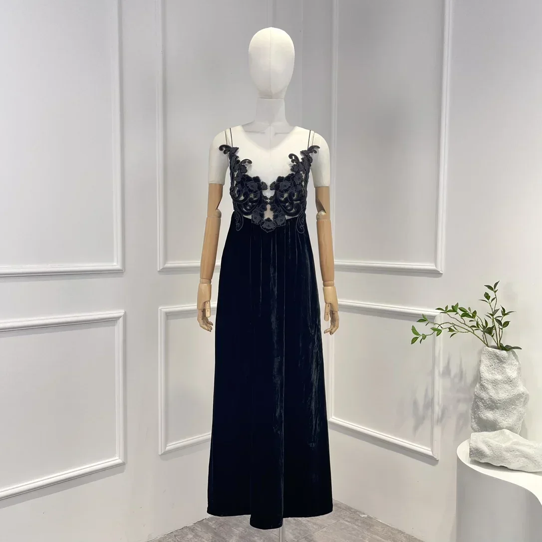 

Vintage 2023 New Arrivals Elegant High Quality Hollow Out Silk Embroidery Solid Black Woman Luxury Midi Dress for Party