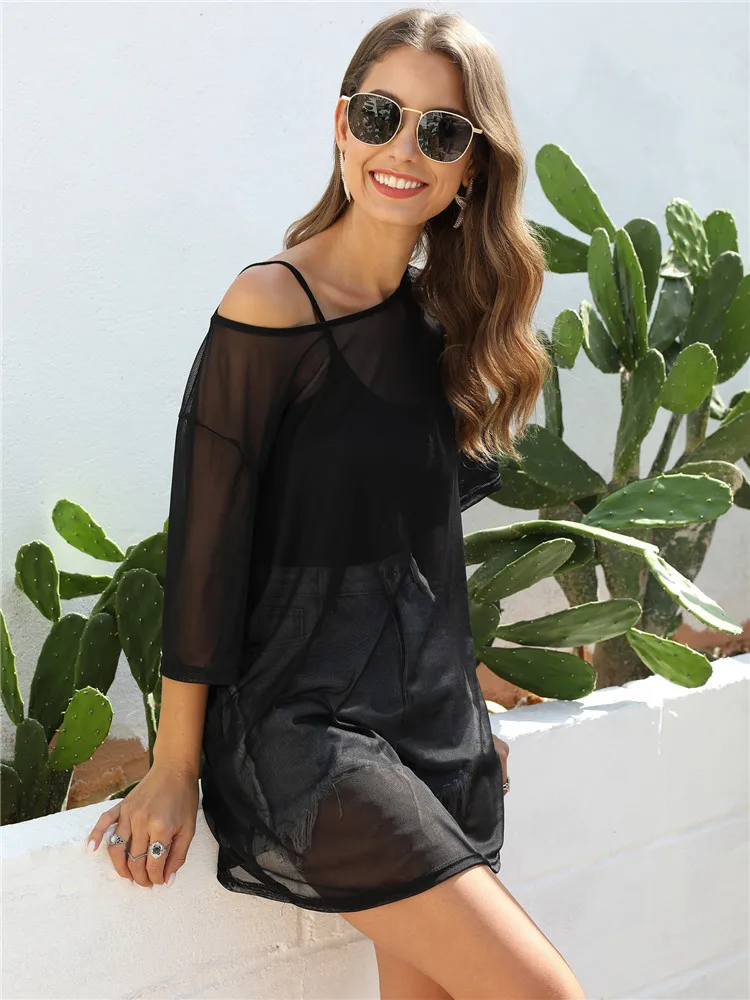 

Black Mesh Cover Ups for Swimwear Women Transport Sheer Bathing Suit 2022 Holiday Outfits Ladies Summer Tunic Swim Beach Dress