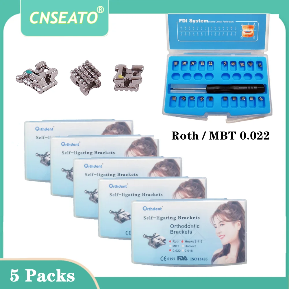 

5 Packs Dental Orthodontic Brackets Self Ligating Braces for Teeth Metal MBT Roth 0.022 3 4 5 Hook Dentistry Materials Dentist