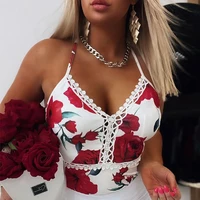 2022 summer sexy elegant v neck sling blouse shirts women summer straps sleeveless shirt sexy hollow out lace floral print tops