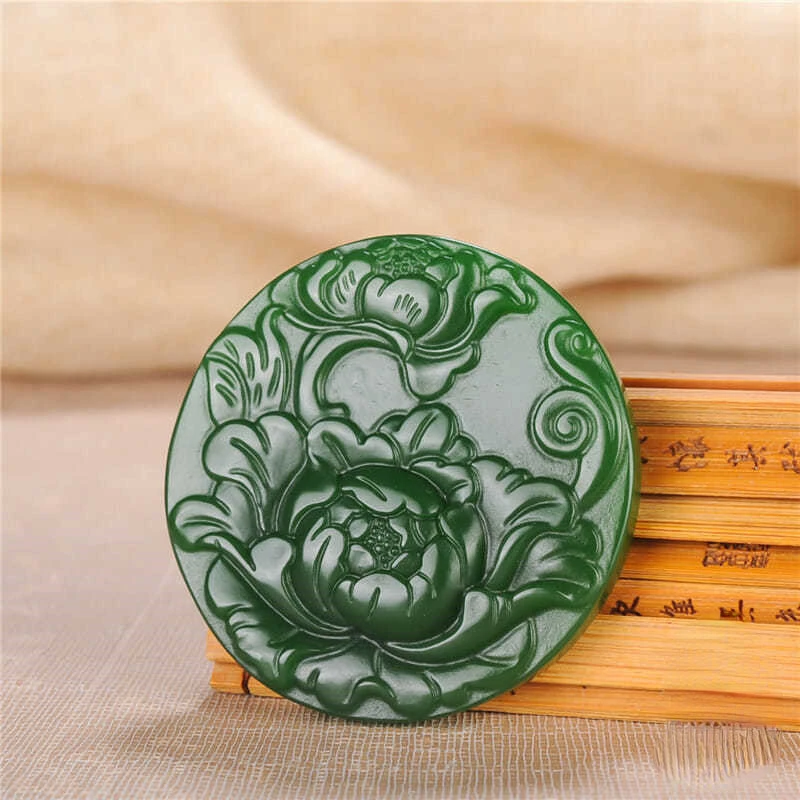

Hetian Green Jade Lotus Pendant Necklace Chinese Fashion Jewelry Natural Jadeite Hand-Carved Charm Amulet Gifts for Women Men