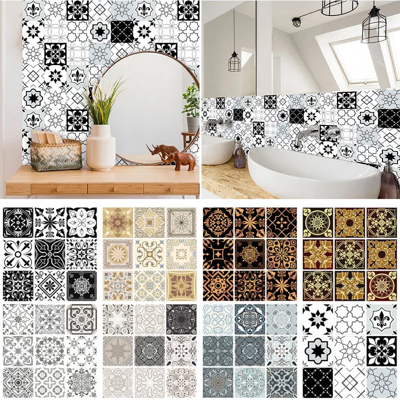 

10pcs Wall Decals Self-adhesive Tile Stickers Waterproof Wall Stickers Transfers Matte Retro Pattern Stitching Home Decoration