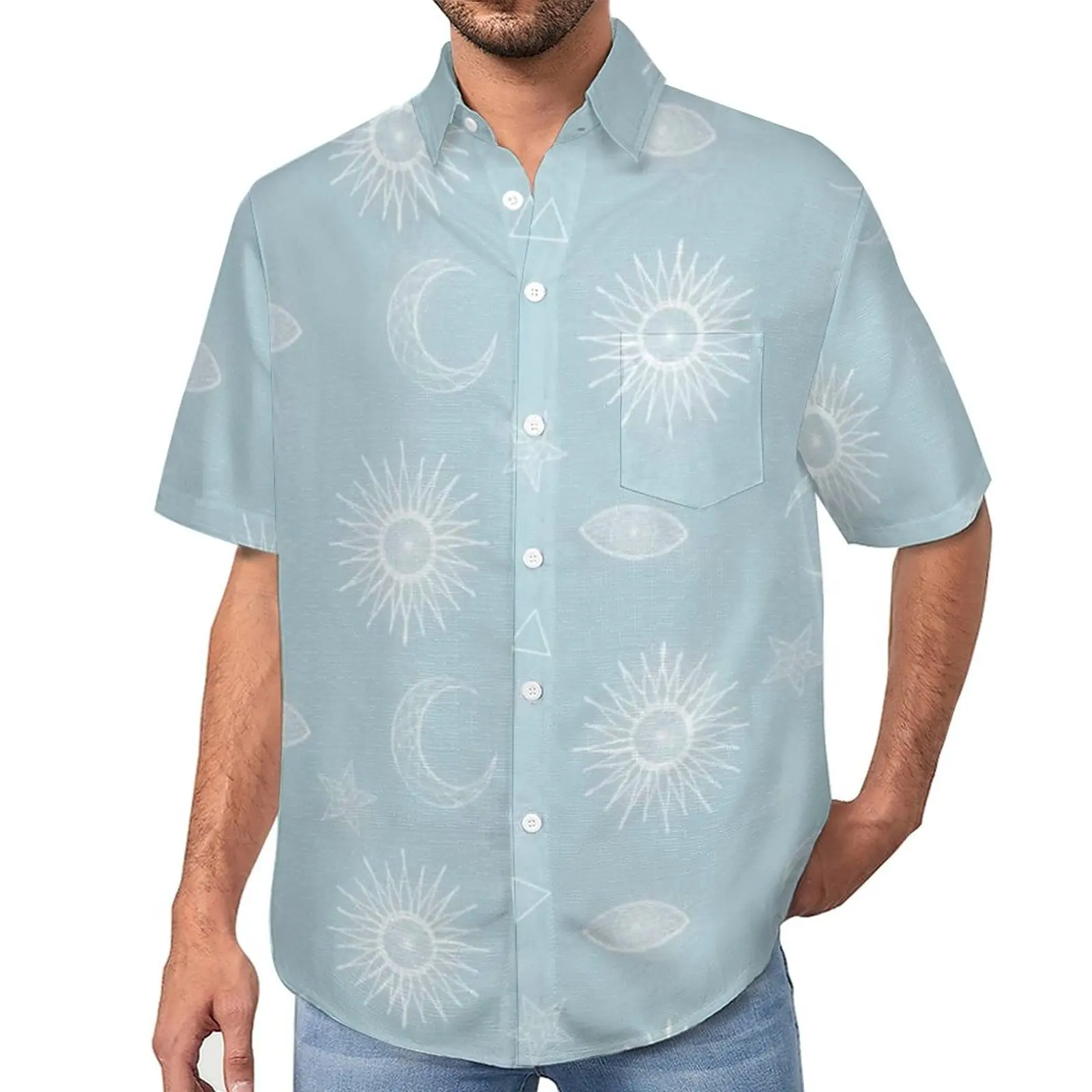 

Magical Symbol Beach Shirt White Moon Sun Stars Summer Casual Shirts Mens Fashion Blouses Short-Sleeved Design Tops Plus Size