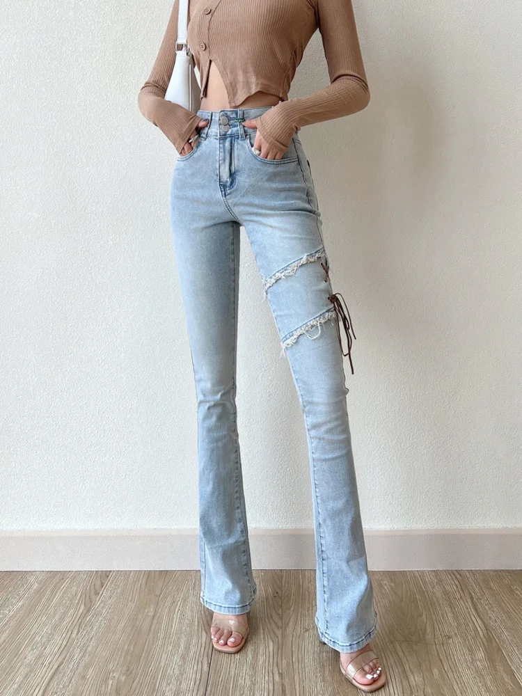 

Waist Sweet 2022 New High Side Tied Rope Tassel Design Denim Flared Pants High Waist Show Legs Long Slim Women's ClothingSH07