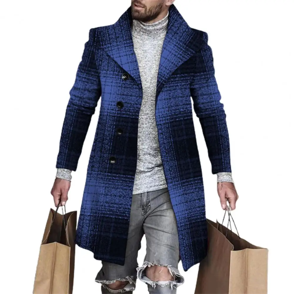 

Stylish Warm Woolen Overcoat Buttons Placket Men Classic Plaid Print Long Type Thickened Woolen Windbreaker Anti-freeze