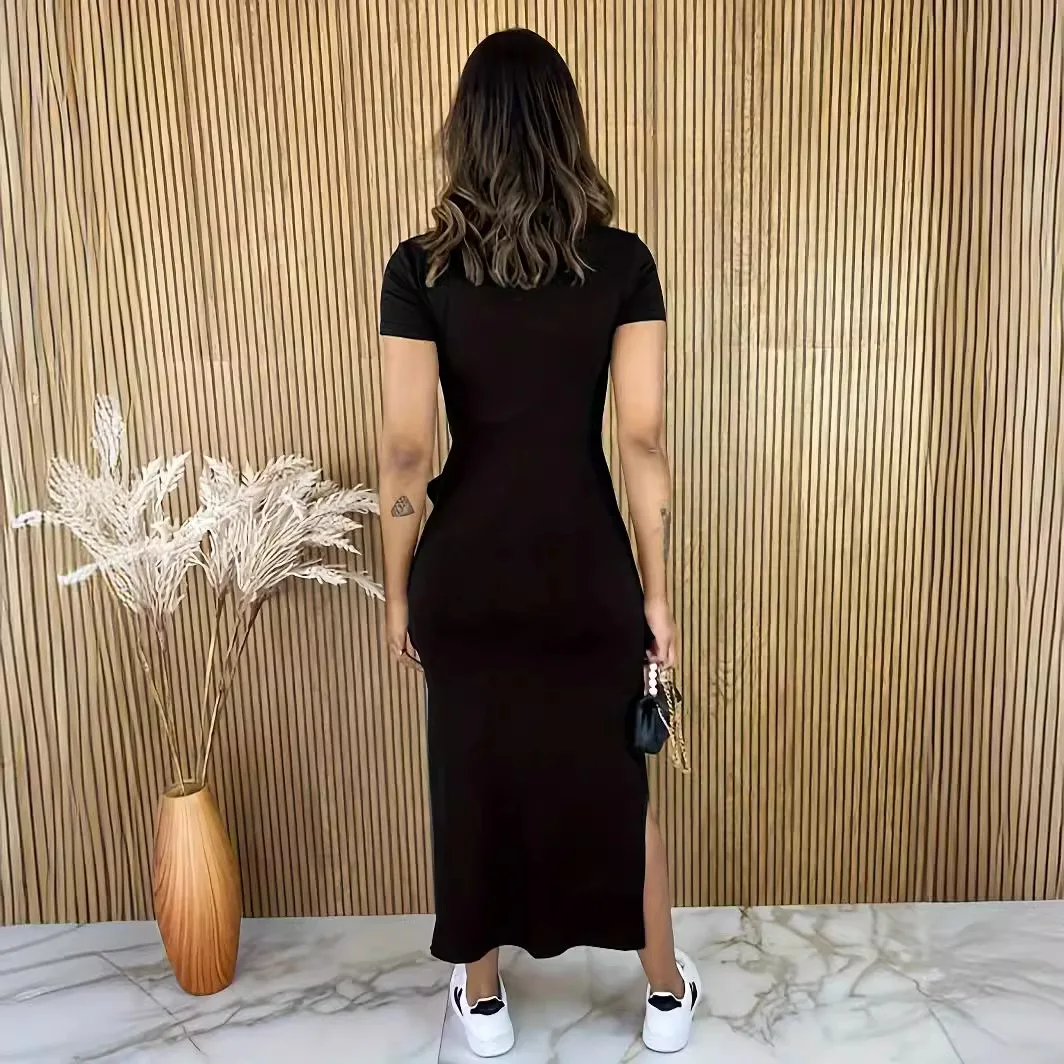 nowa długa sukienka damska modna zasznurowana z okrągłym dekoltem i rozcięciem 2024 elegancka krótkim rękawem