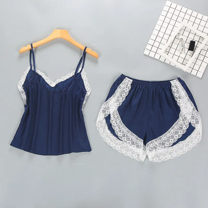 Women's Sleepwear 2 Pcs Silk Sling Sleeveless Polka Dots Top and Shorts Pajamas Set