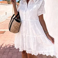 fashion short dress hollow lace single breasted women dress for daily life