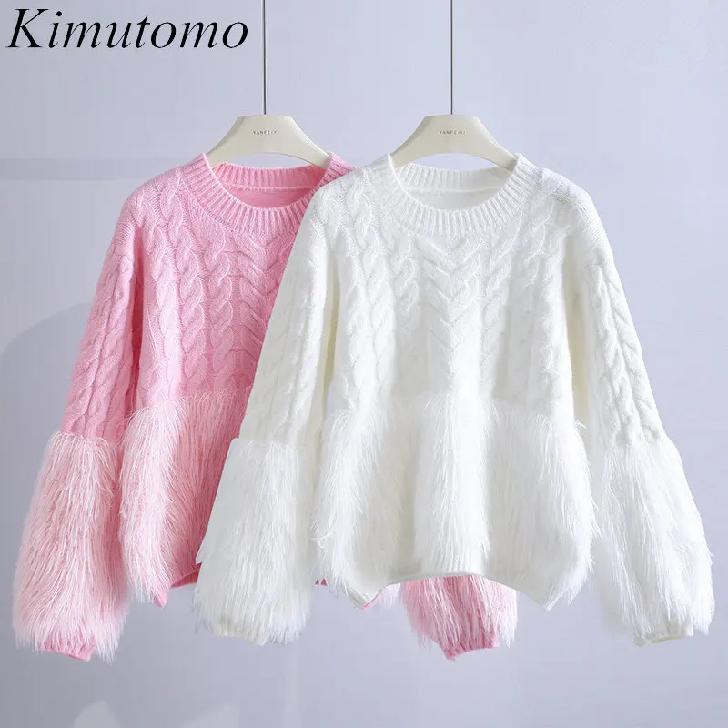 

Kimutomo Gentle Loose Tassel Twist Design Solid Knitting Pullover Woman Elegant O-neck Long Sleeves Simple Versatile Sweater Ins