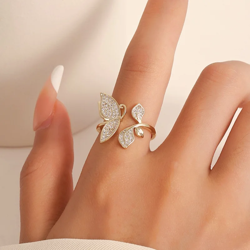 

Модное женское кольцо с искусственными листьями, роскошное кольцо из золота 14 к с бабочкой, с геометрическим дизайном, открытое обручальное кольцо
