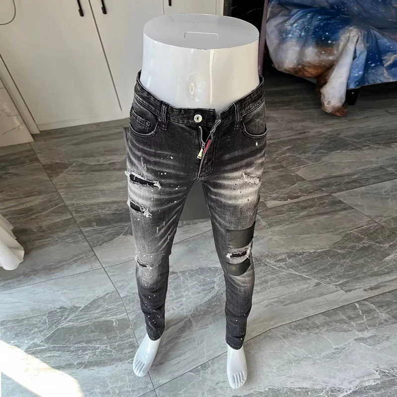 

Street Fashion Men Jeans Retro Black Gray Elastic Slim Fit Ripped Jeans Men Leather Patch Designer Hip Hop Brand Pants Hombre