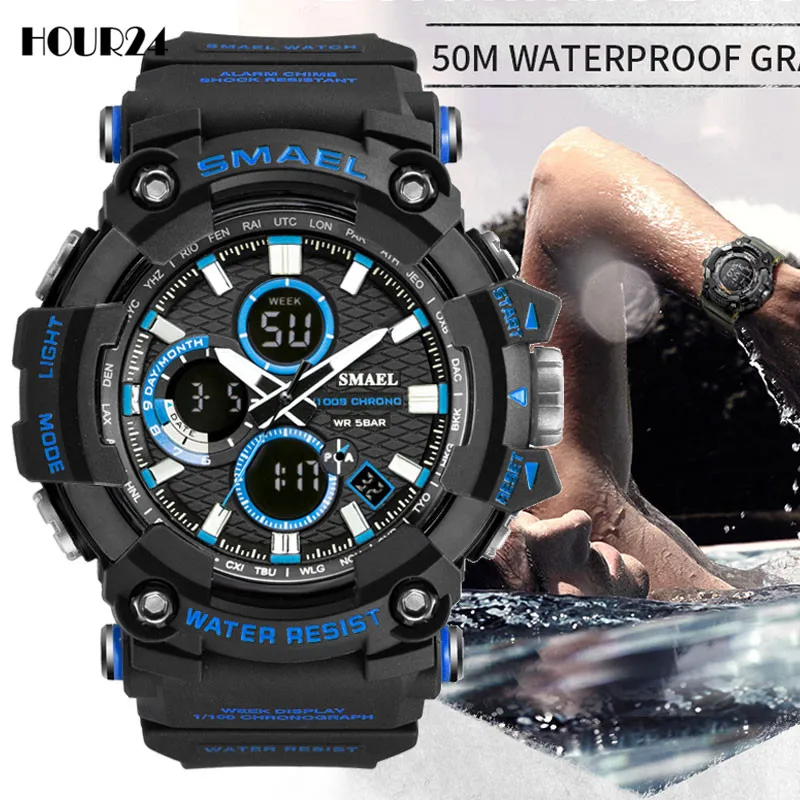 

Часы наручные мужские цифровые, спортивные светодиодсветодиодный светящиеся водонепроницаемые в стиле милитари, с днями недели, Shock
