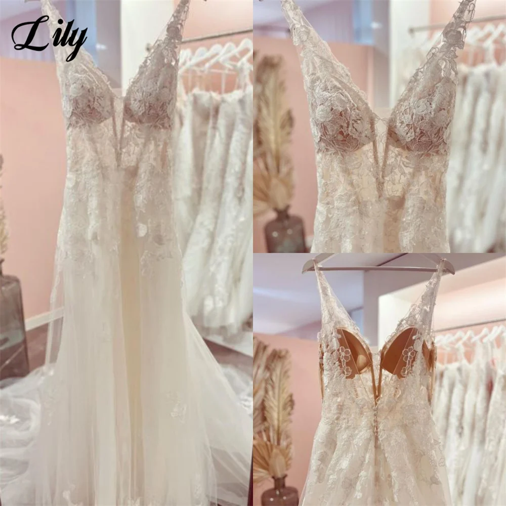 

Lily V Neck A Line Wedding Dress For Bride Size Custom Made Appliques Lace Wedding Gown Custom Size Bridal Dress robe de mariée