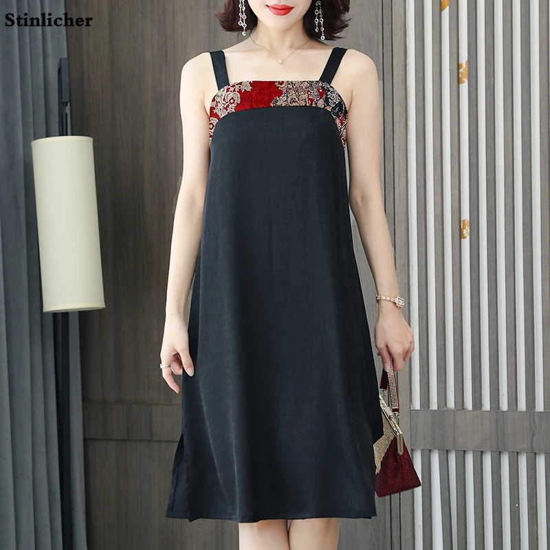 

New Summer Vintage Satin Silk Knee-Length Midi Dress Women Sexy Sleeveless Backless Spaghetti Strap Dress Female Robe Vestidos